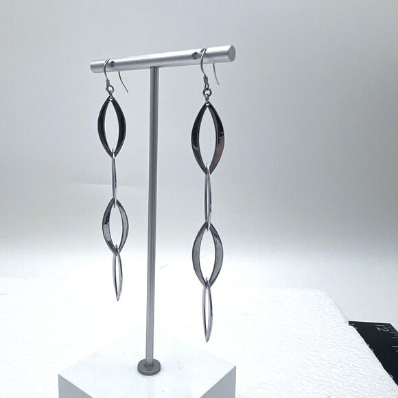 Silver Dangle Drop Earrings 4.25" Long Chain Open Marquise Links Marked 925 - Picture 4 of 9